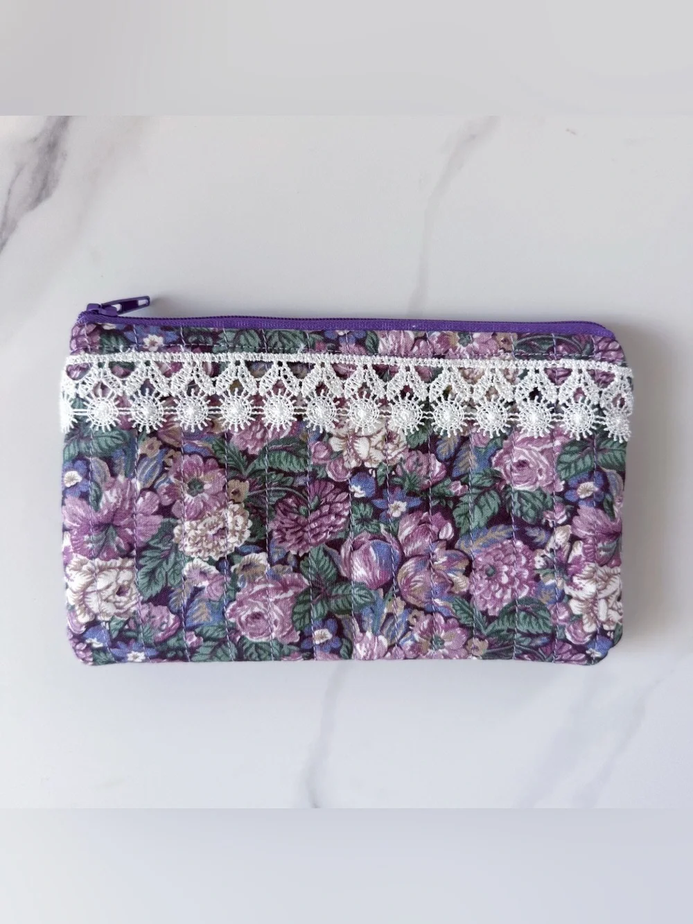 Ellysa Floral Zipper Pouch with Lace Trim 7”